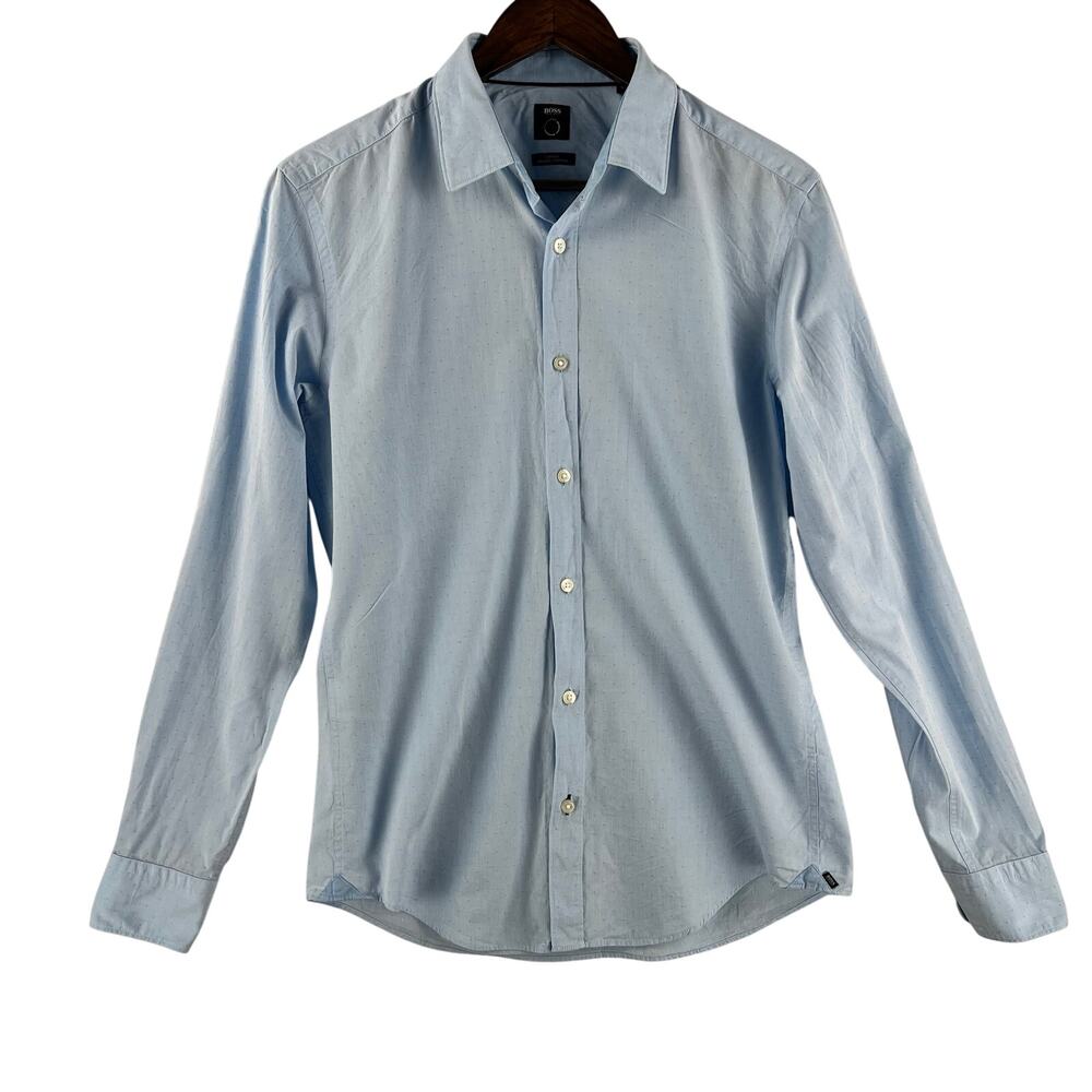 Hugo Boss Ronni 53 Slim Fit Organic Cotton Shirt Mens M Light Blue Dobby Dot